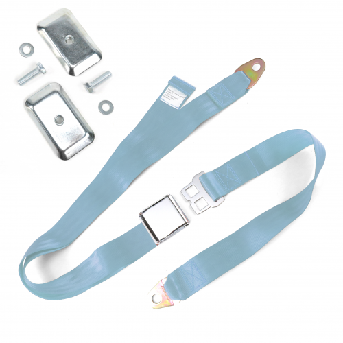 2pt Sky Blue Airplane Buckle Lap Seat Belt w/ Flat Plate Hardware instructions, warranty, rebate